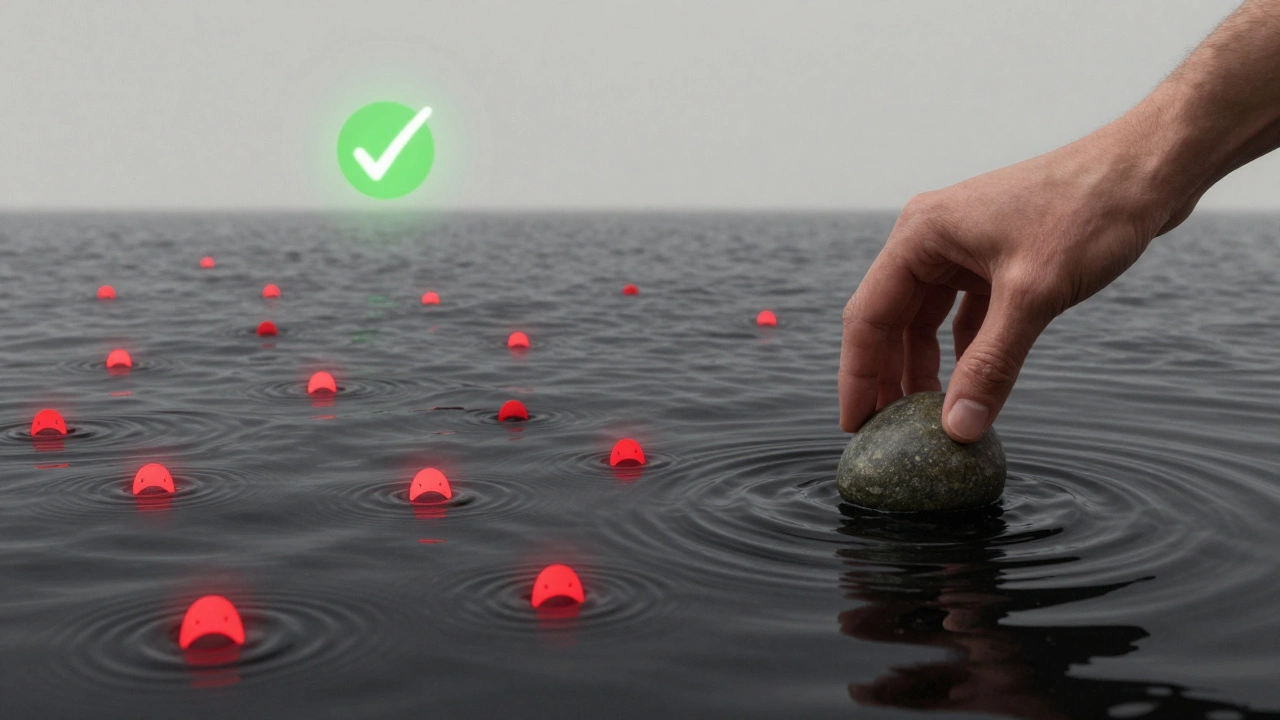 Рука бросает камень в поток цифровых угроз, гася символы мошенничества и спама.