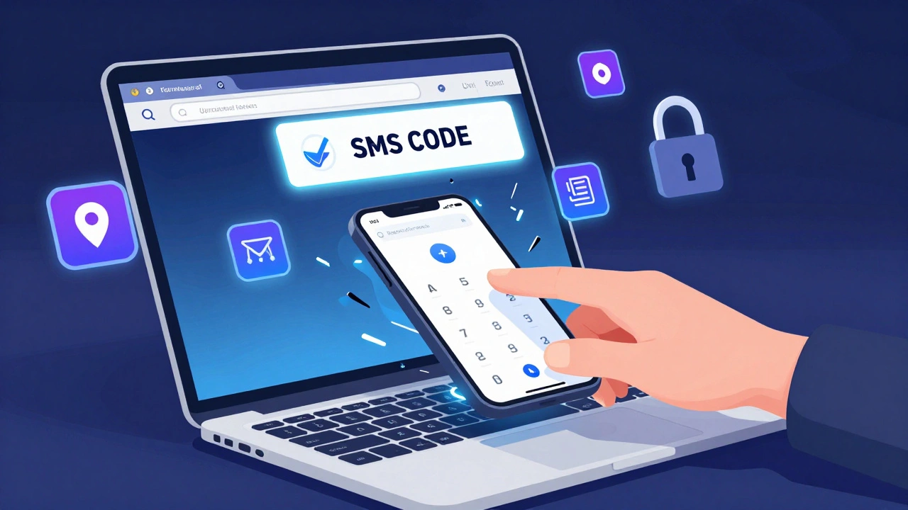 Рука вводит номер телефона в браузер, появляется SMS-код, завершаются активные сессии.