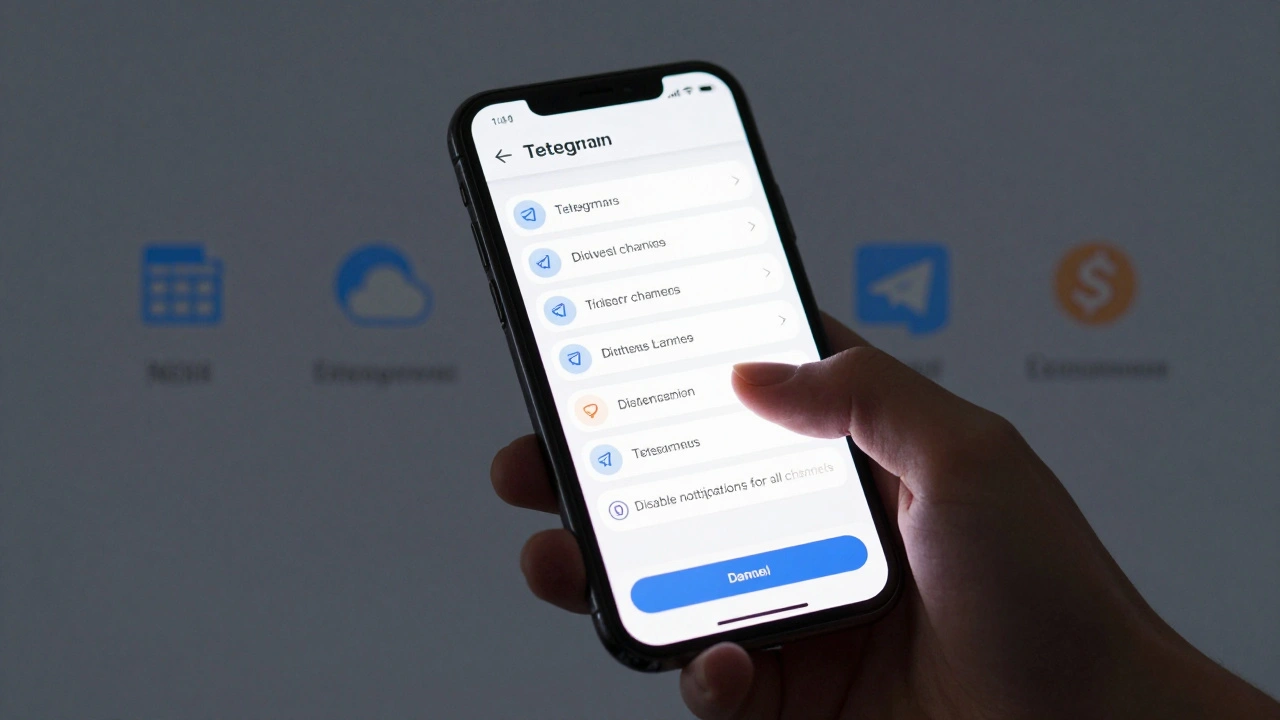 Рука выбирает опцию отключения уведомлений для всех каналов в Telegram.