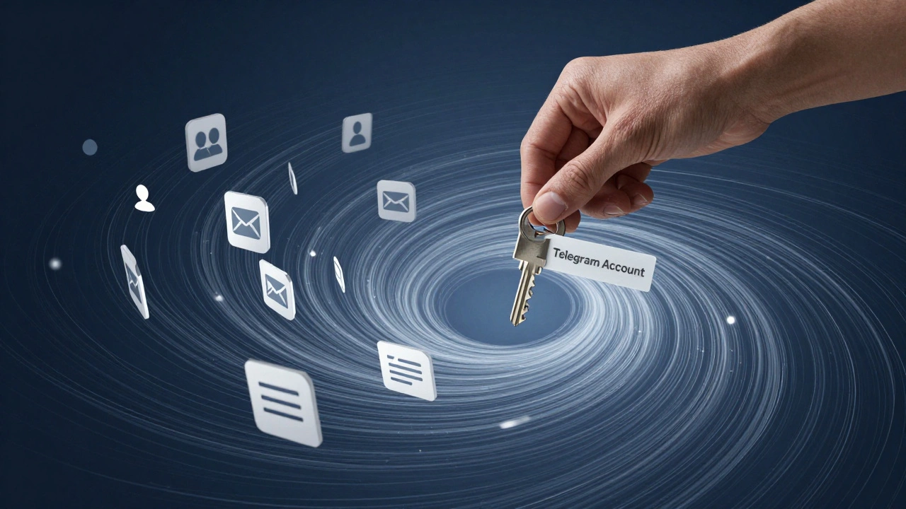 Рука выпускает ключ от аккаунта Telegram в вихрь исчезающих данных.