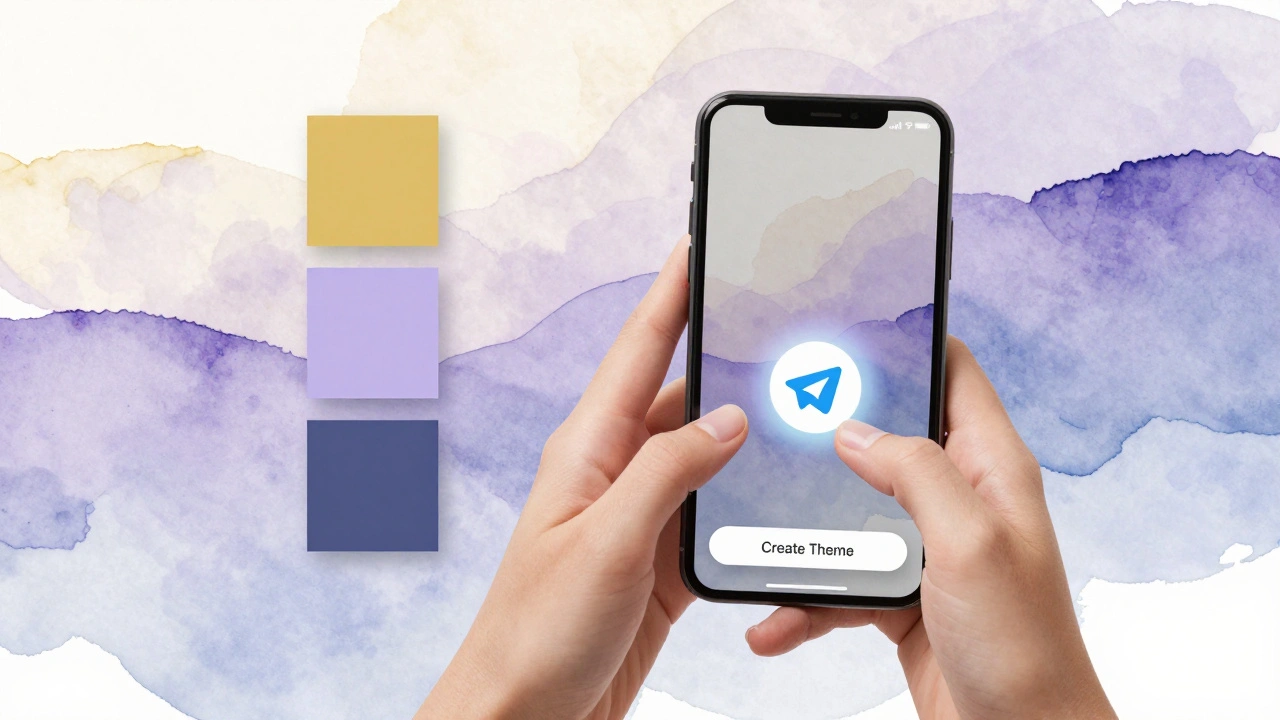 Руки выбирают цвета и фон для создания пользовательской темы в Telegram с абстрактной текстурой.