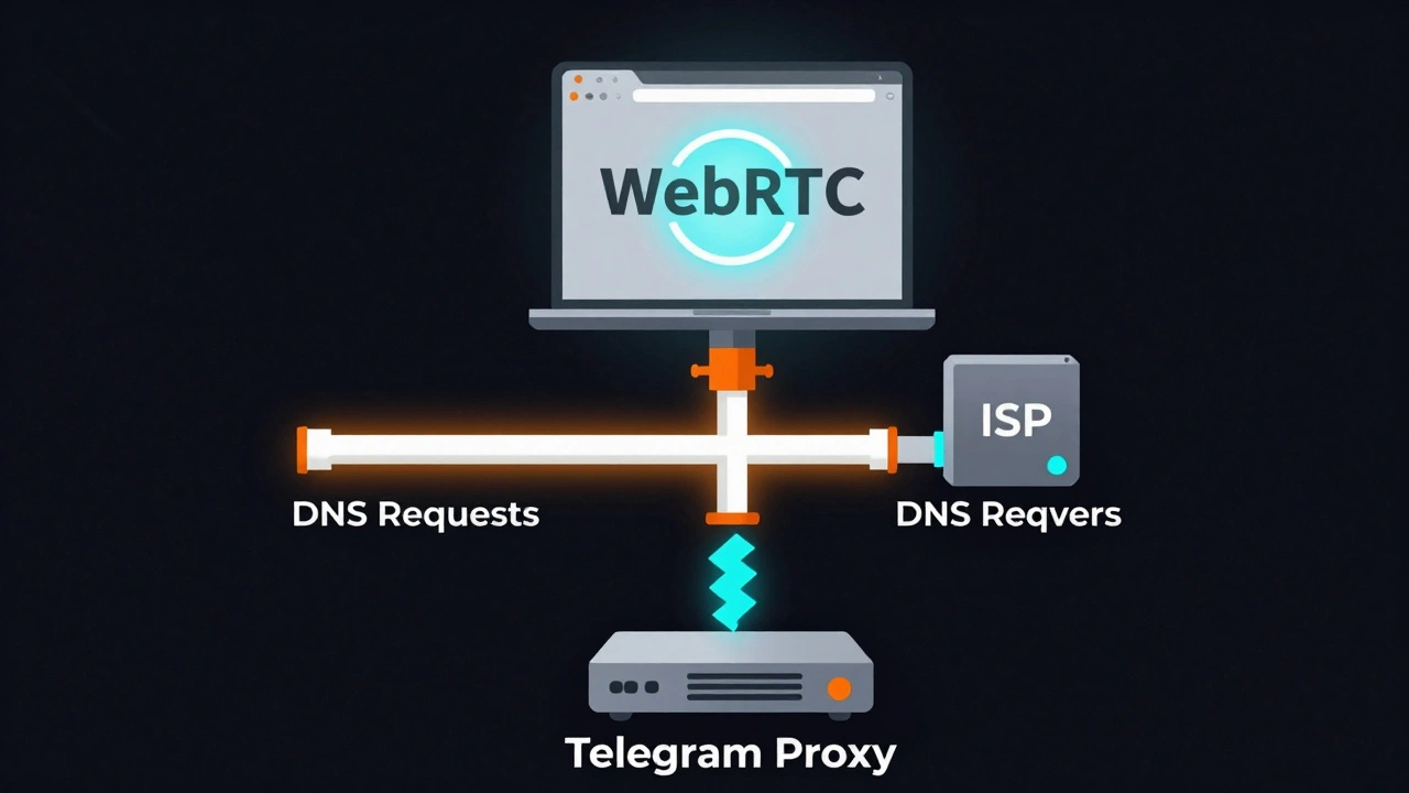 Схема сети, показывающая утечку DNS и WebRTC, несмотря на использование прокси, с выделенными серверами провайдера.
