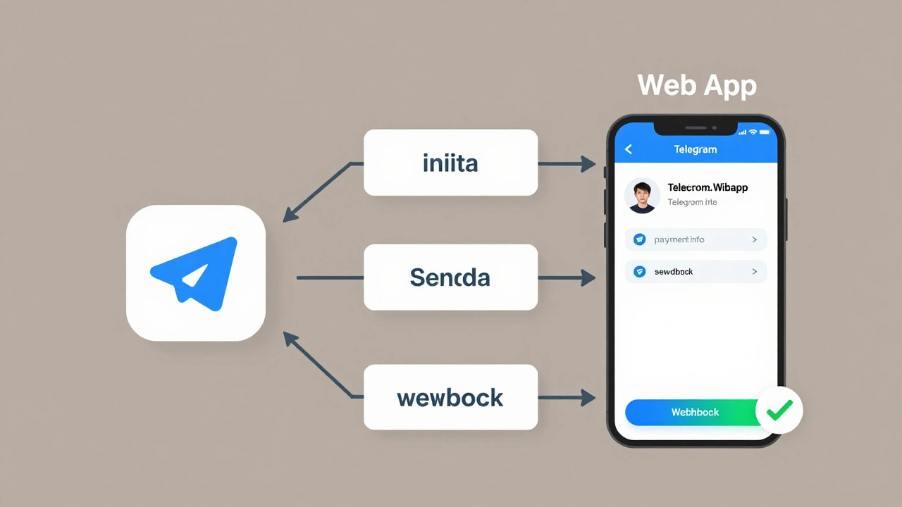 Схема взаимодействия бота Telegram и веб-приложения с потоками данных и ключевыми функциями.