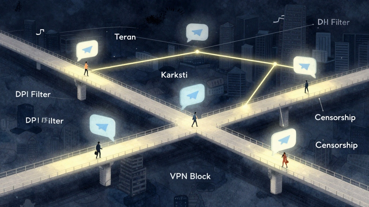 Схематичное изображение мостов в виде сообщений Telegram, соединяющих города через блокировки цензуры.