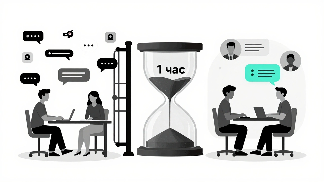 Символическая сцена: боты-спамеры с одной стороны, настоящие пользователи — с другой, между ними песочные часы с надписью '1 час'.