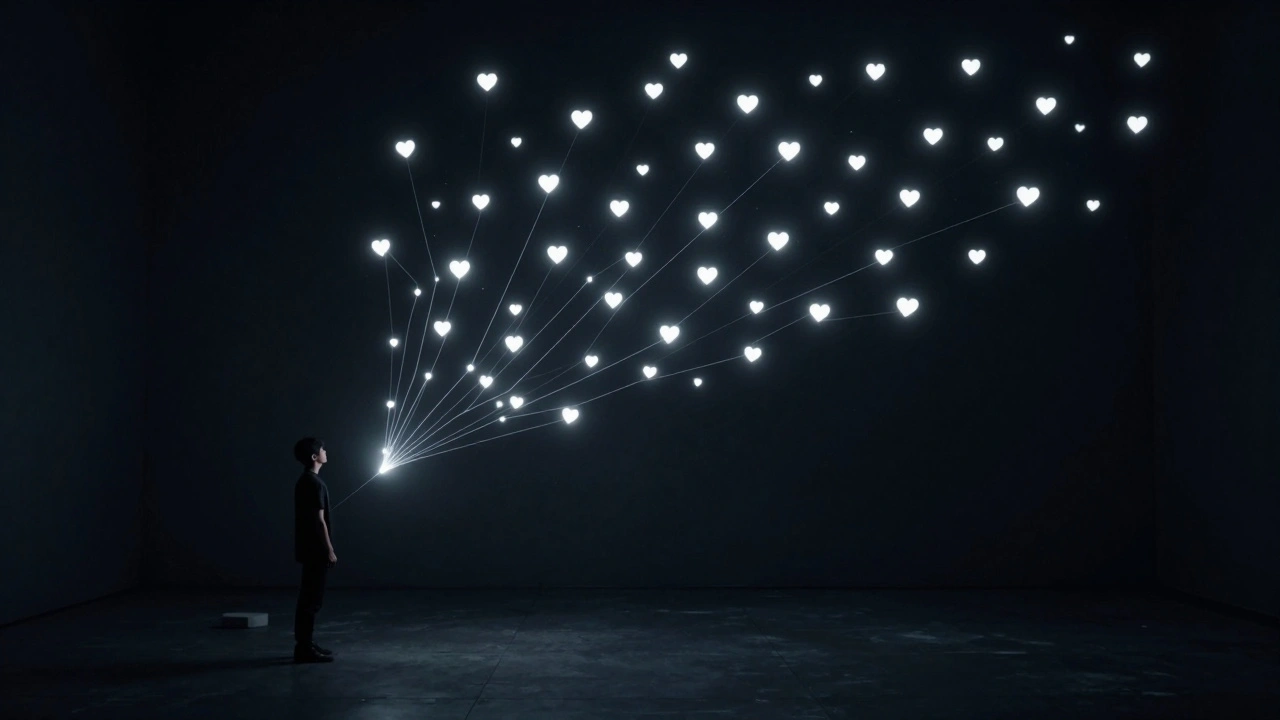 Символическое изображение: одна светящаяся нить соединяет стримера с сотнями светящихся сердец — символ поддержки без слов.