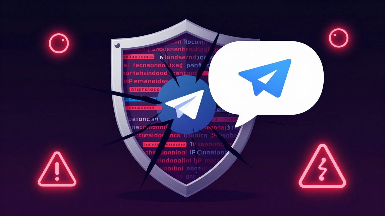 Щит из зашифрованных потоков данных защищает чат Telegram, но трещины показывают медленную загрузку и блокировки.