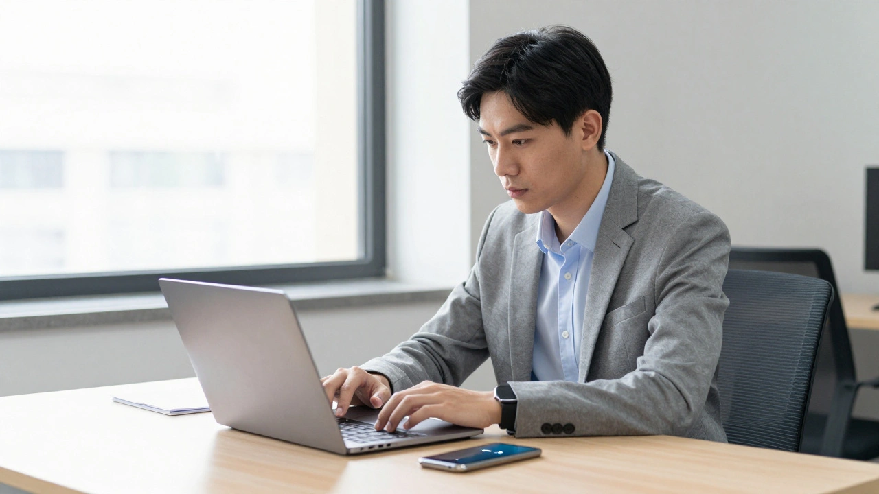 Сотрудник в офисе видит уведомление Telegram на телефоне, звук отключен.