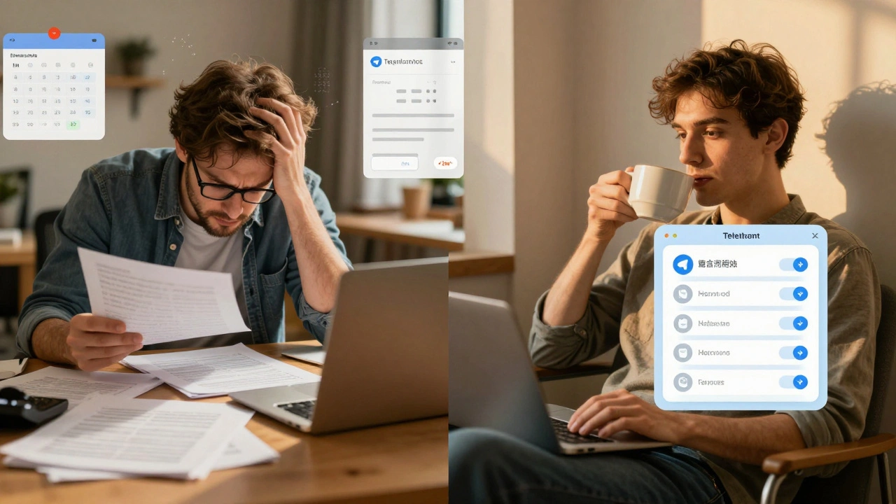 Сравнение: человек в хаосе рутинных задач слева и спокойно управляющий встречами через Telegram справа.