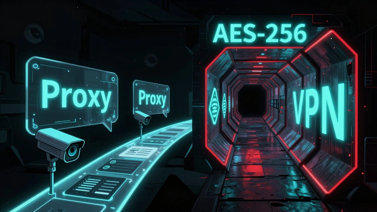 Сравнение двух путей передачи данных: незашифрованный прокси и защищенный VPN-туннель с символами шифрования