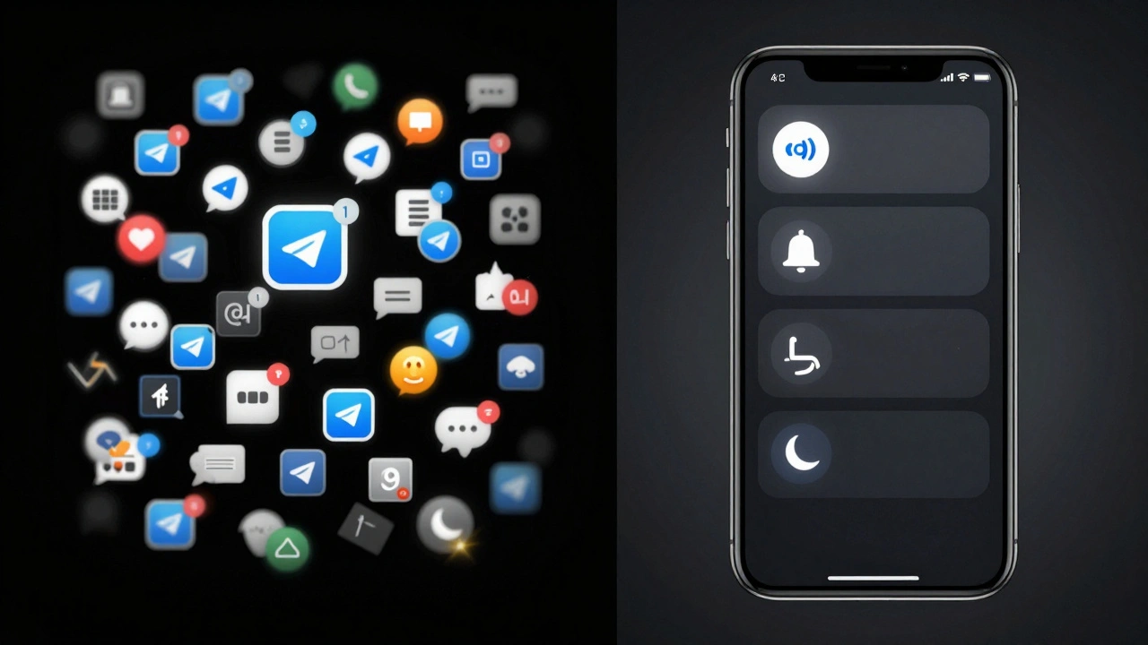 Сравнение хаотичных и настроенных уведомлений Telegram на экране телефона.