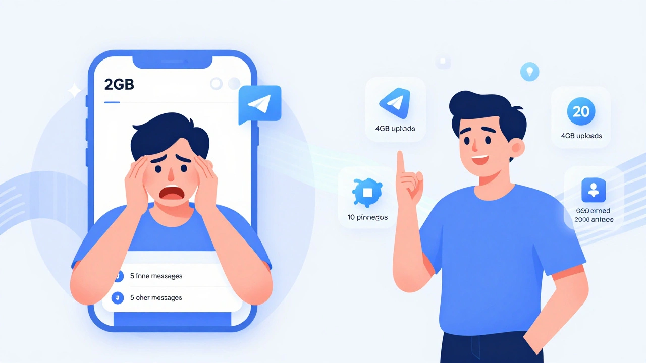 Сравнение интерфейсов Telegram: слева — ограниченная бесплатная версия, справа — расширенные возможности Premium с 4 ГБ, 20 папками и 10 закреплёнными сообщениями.