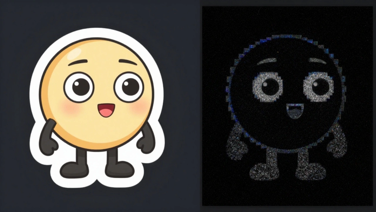 Сравнение качества стикеров: слева — идеальный .tgs, справа — артефактный .webm с черным фоном.