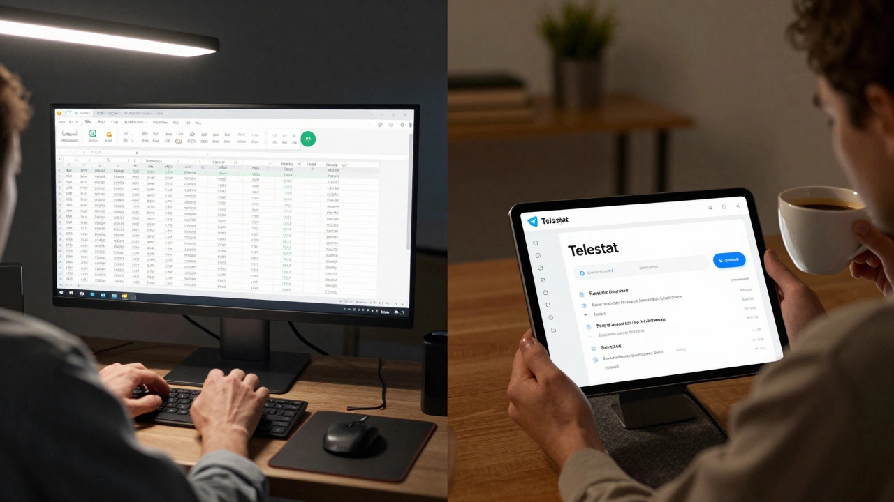Сравнение ручного ввода данных в Excel и автоматического отчета Telegram на планшете в одной сцене.