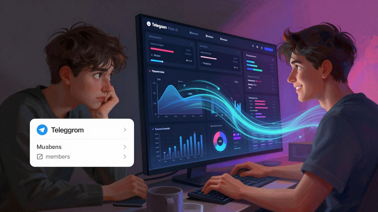 Сравнение: слепой просмотр статистики Telegram слева и детальный аналитический дашборд справа, показывающий глубокие инсайты.