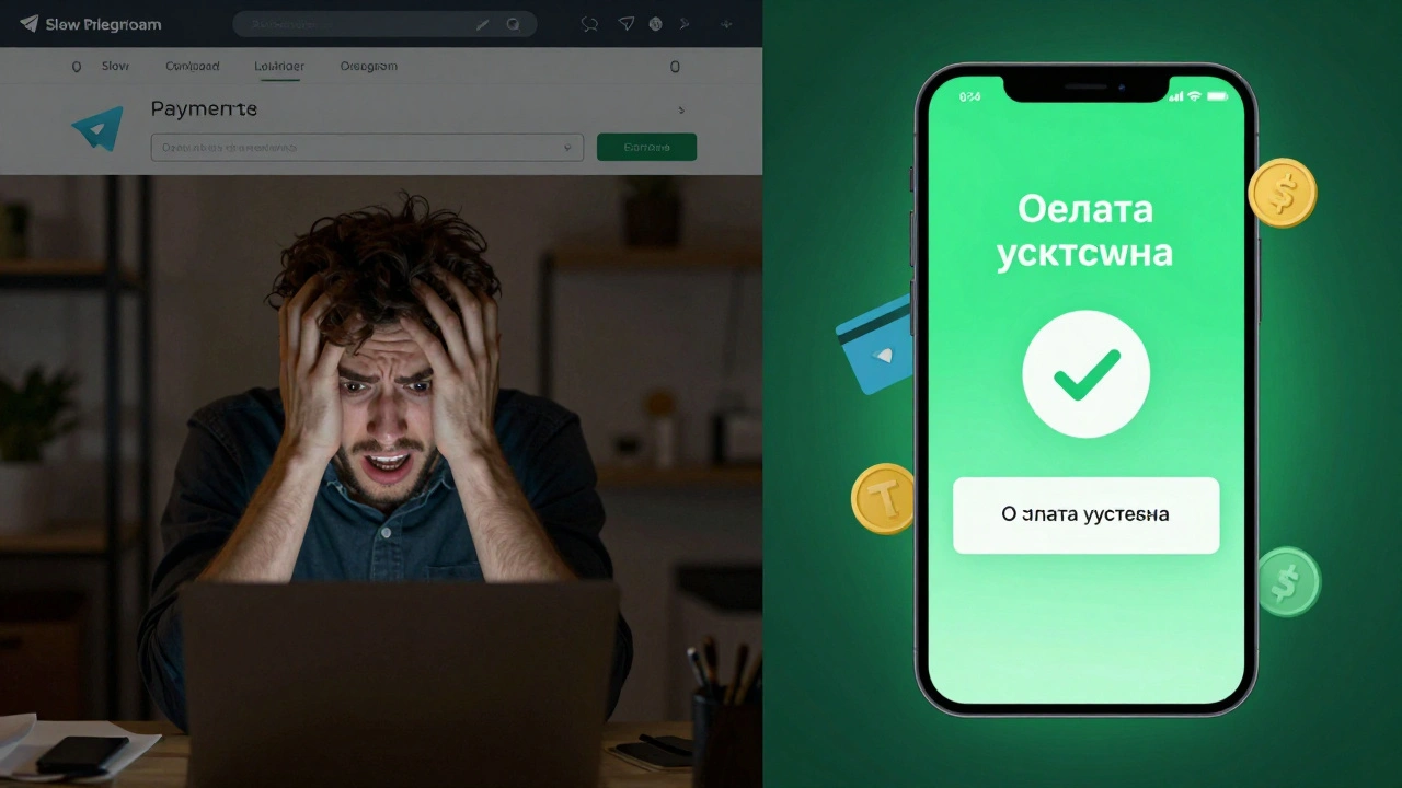 Сравнение: слева — медленная внешняя страница оплаты, справа — мгновенная оплата в Telegram с подтверждением.