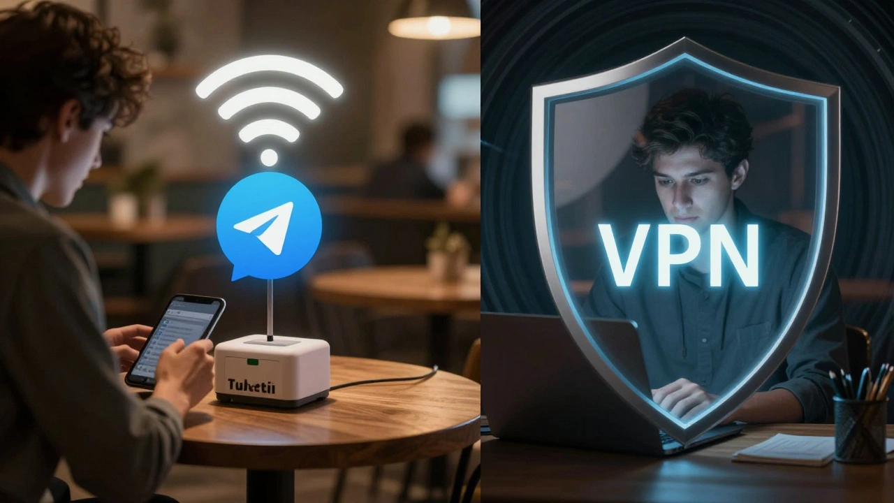 Сравнение угрозы прослушивания в публичном Wi-Fi и защищённого соединения через VPN — один пользователь под угрозой, другой в безопасности.