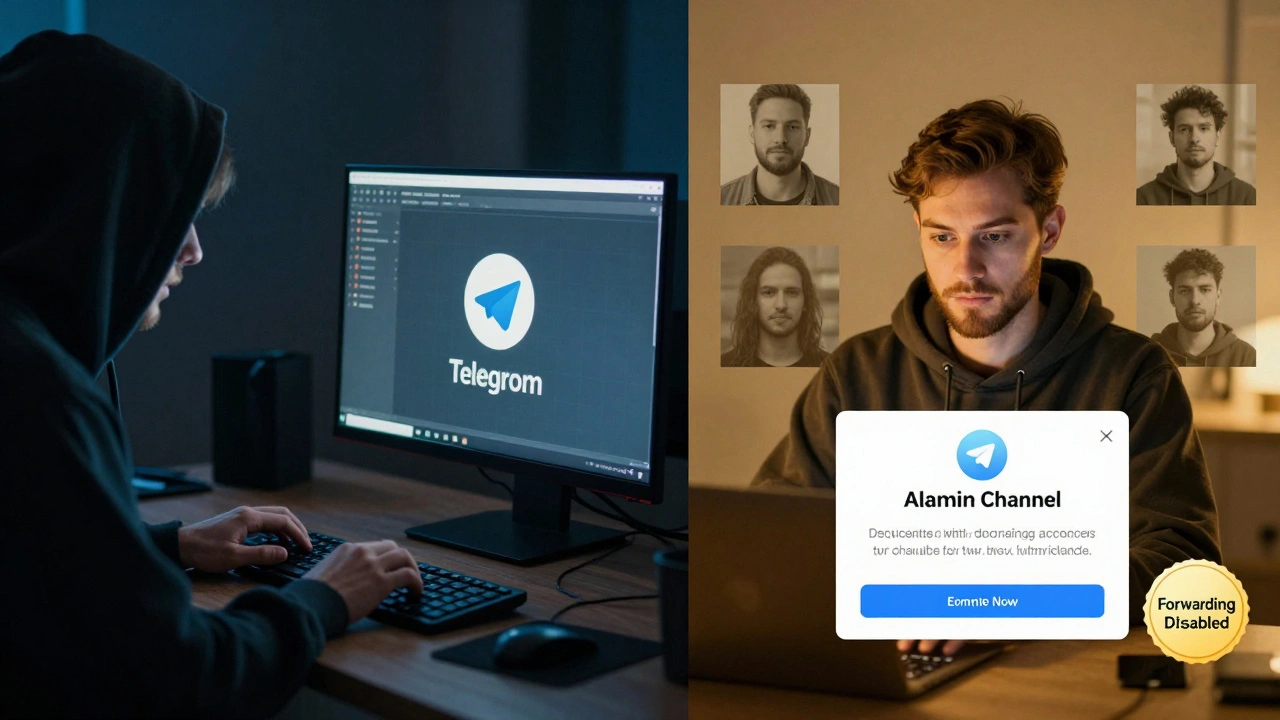 Сравнение взломанного аккаунта и защищенного администратора Telegram с двухфакторной аутентификацией и водяными знаками на контенте.