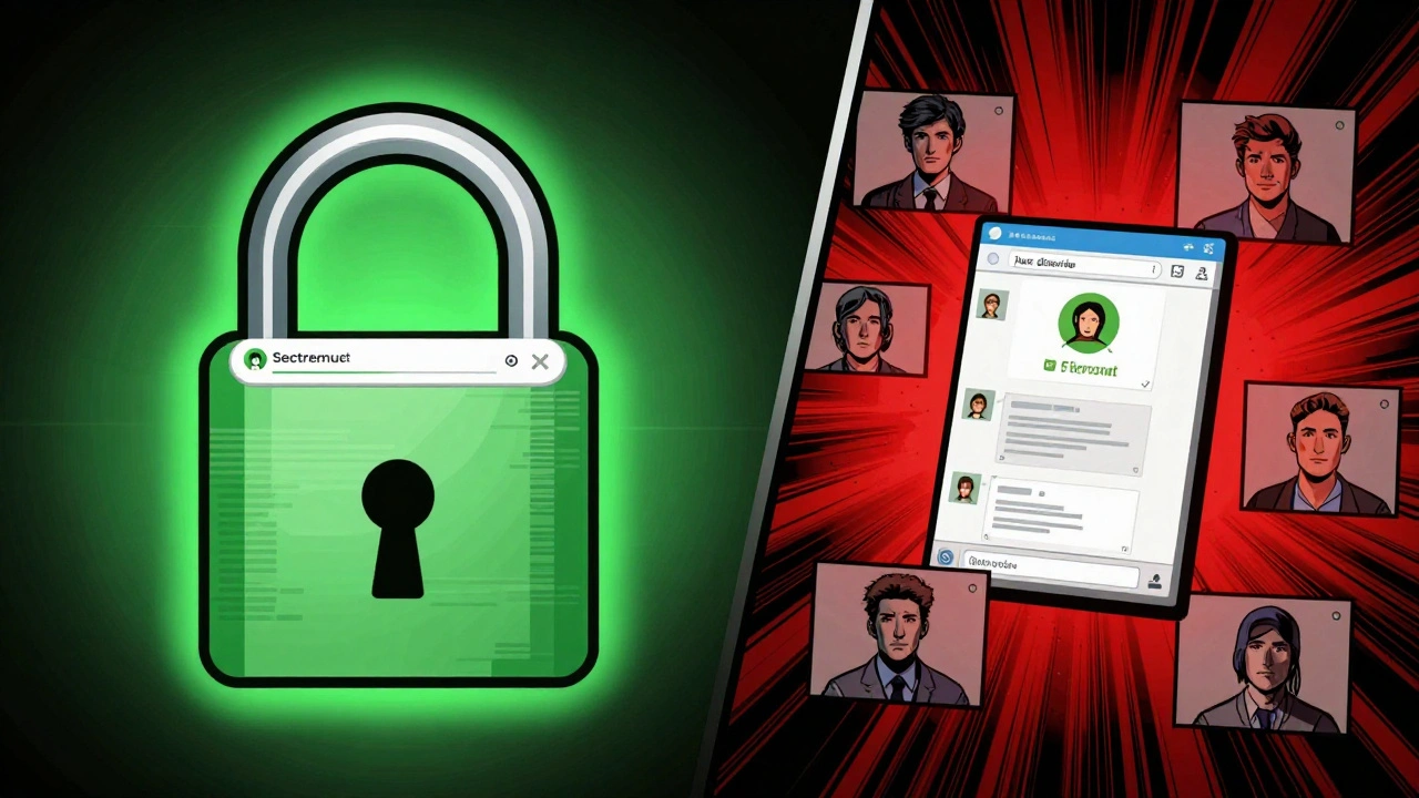 Сравнение защищённого секретного чата с обычным, где файлы скачиваются и скриншотятся без ограничений.