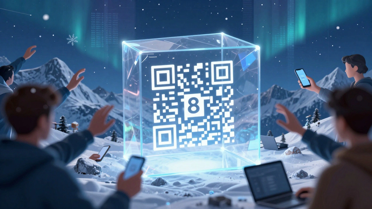 Стеклянный куб с восьмизначным кодом Threema на фоне швейцарских гор, окруженный бессильными фигурами, символизирующий анонимность.