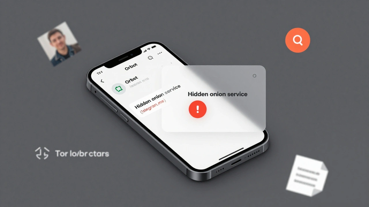 Телефон с активным Orbot и скрытым Onion-сервисом Telegram, с предупреждением о возможной утечке метаданных.