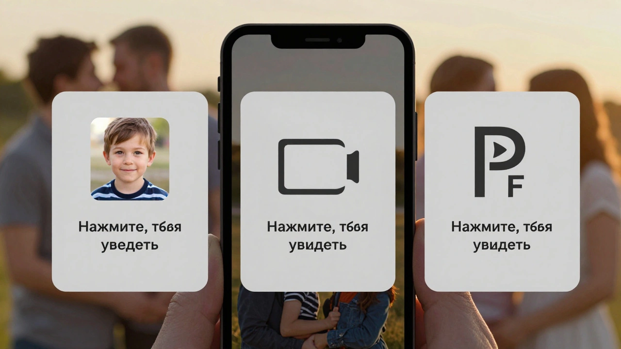 Три серых спойлера в семейном чате: фото, видео и документ, с теплыми семейными изображениями в фонах.