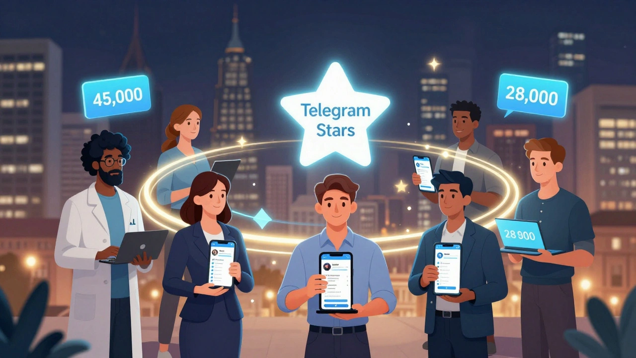 Три создателя контента стоят в круге из звёзд Telegram с цифрами доходов на экранах устройств.