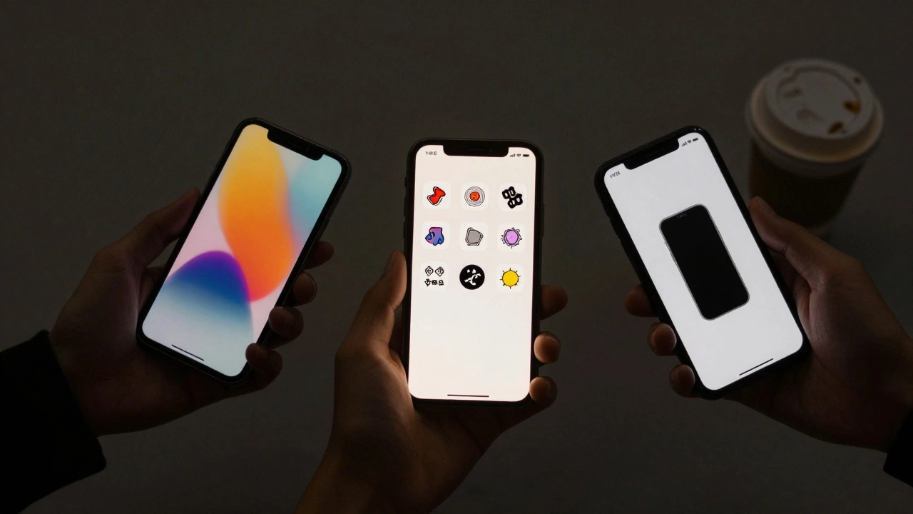 Три телефона с разными обложками стикеров: одна — сильная и эмоциональная, две — бесполезные и хаотичные.