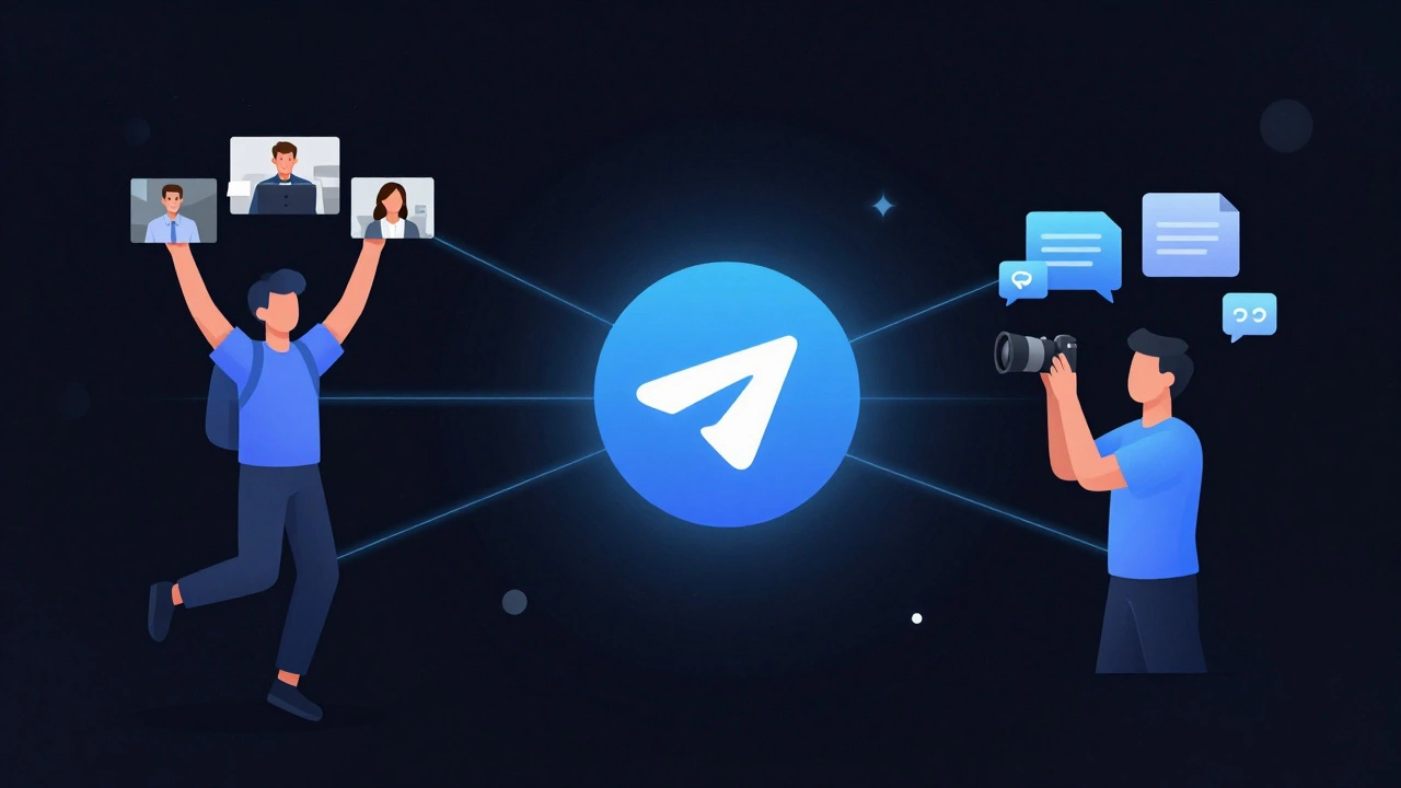 Три типа пользователей — менеджер, бизнесмен и фотограф — связаны с логотипом Telegram Premium в цифровом пространстве.