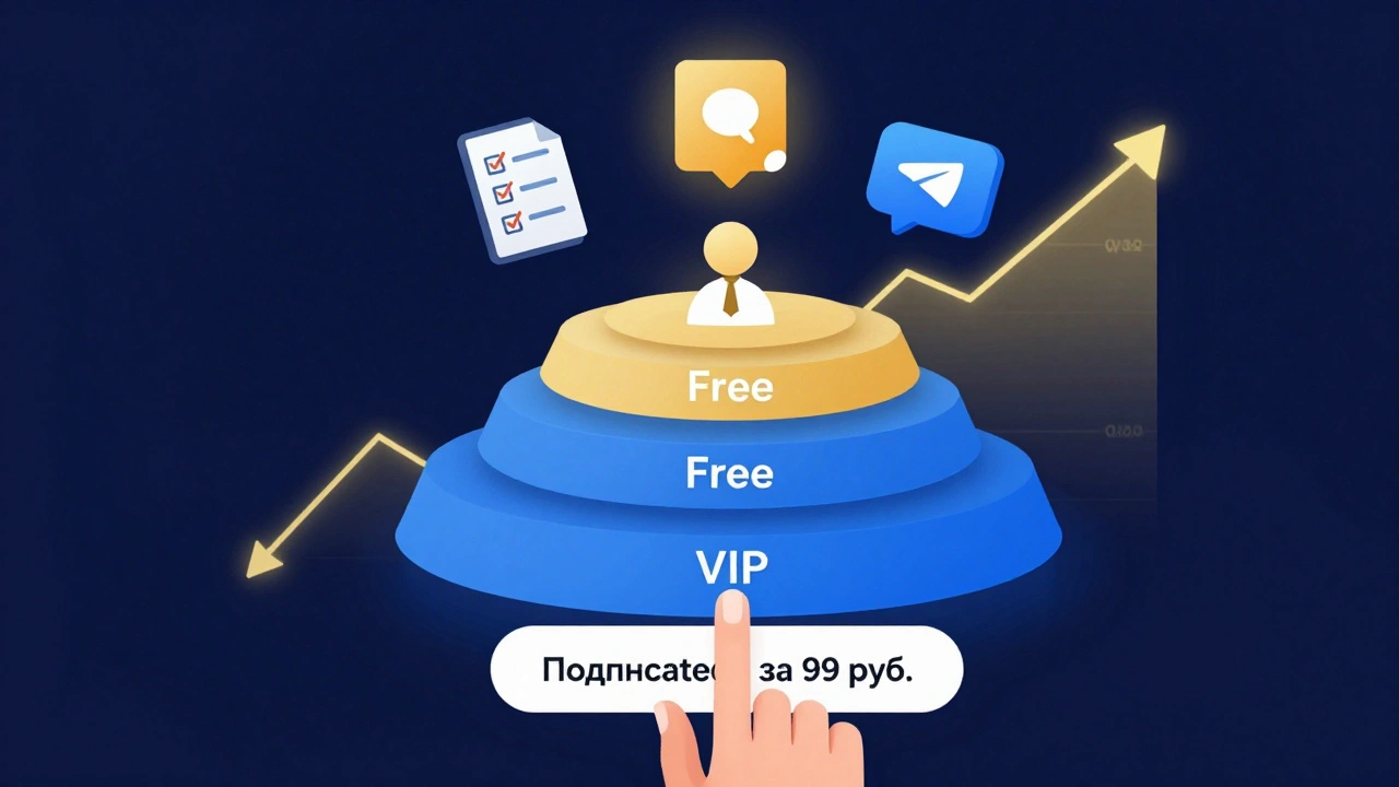 Три уровня подписки в Telegram-канале: бесплатный, премиум и VIP, с иконками чек-листа, живого Q&amp;A и закрытого чата.