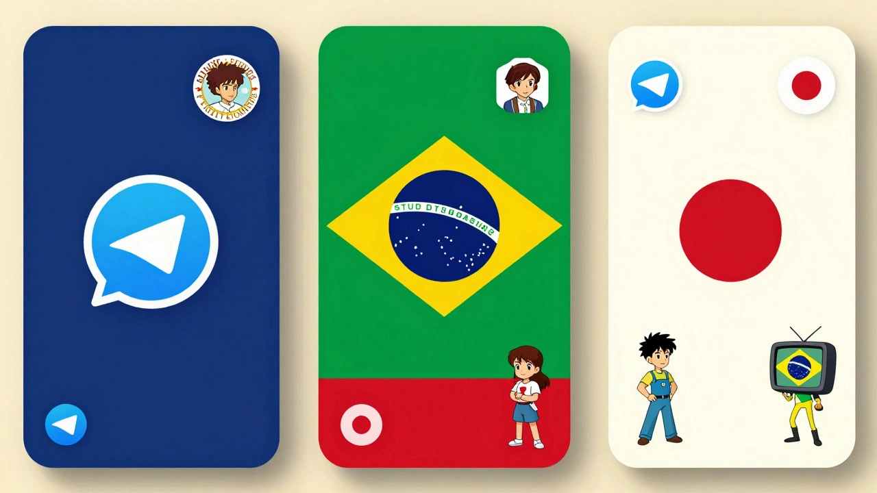 Три варианта интерфейса Telegram: тёмный для России, яркий для Бразилии, минималистичный для Японии, с уникальными стикерами.