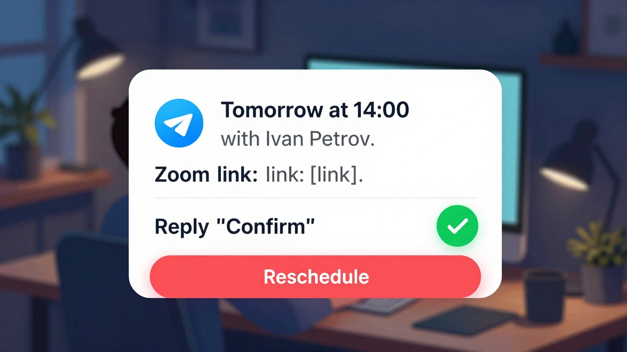 Уведомление в Telegram о предстоящей встрече с кнопкой подтверждения и ссылкой на Zoom.