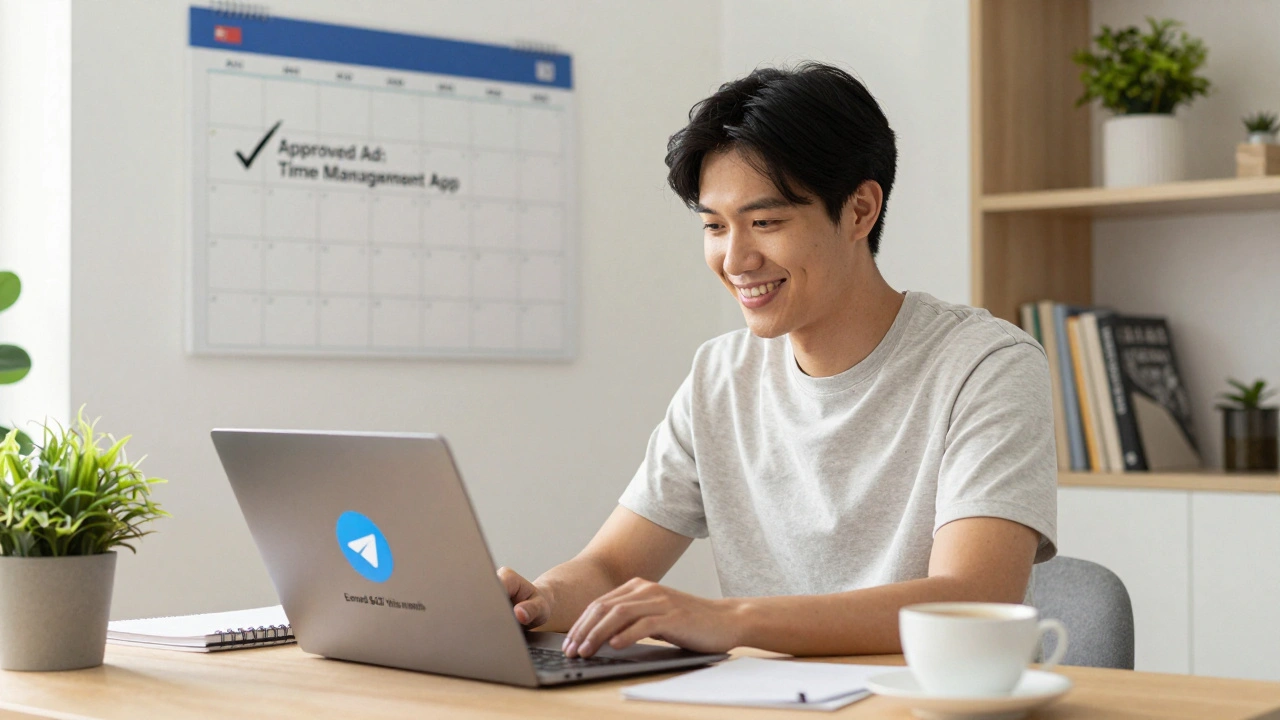 Владелец канала смотрит на доход от рекламы в Telegram — заработок за месяц составляет 427 долларов.