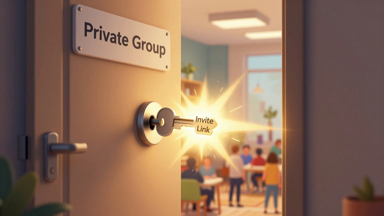 Закрытая дверь с надписью «Закрытая группа» открывается под действием волшебного ключа-ссылки, внутрь виден светлый мир общения.