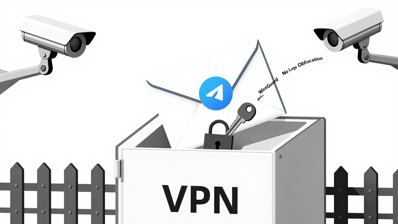 Замкнутый конверт с сообщениями помещается в защищённый почтовый ящик VPN с ключами шифрования, вокруг — попытки слежки.