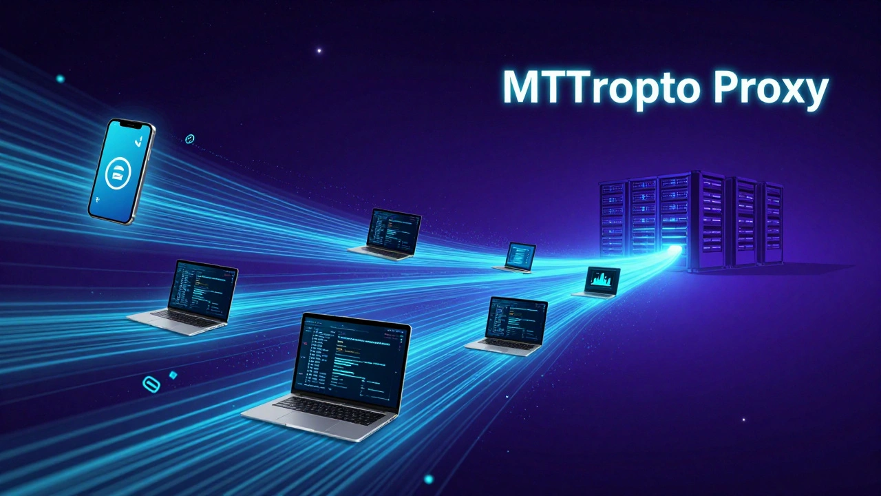 Зашифрованные данные от нескольких устройств текут через прокси к серверу, обходя цензуру