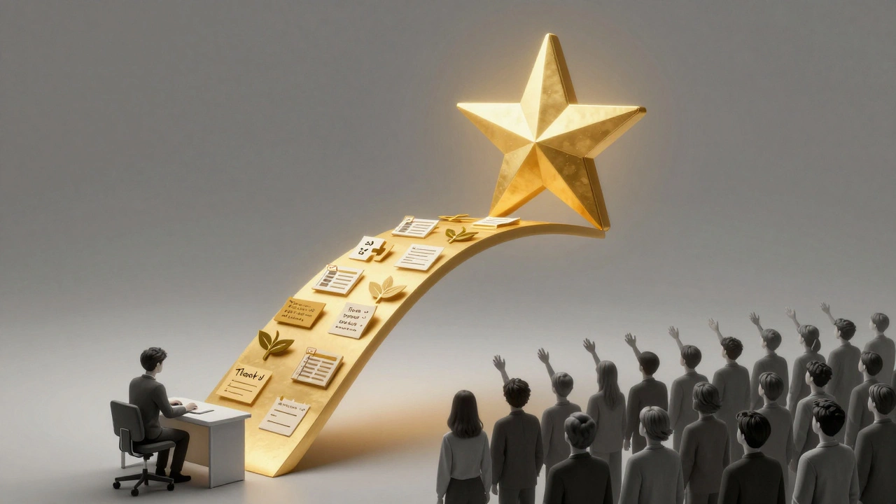 Золотая звезда превращается в мост из икон, соединяющий создателя с благодарной аудиторией.